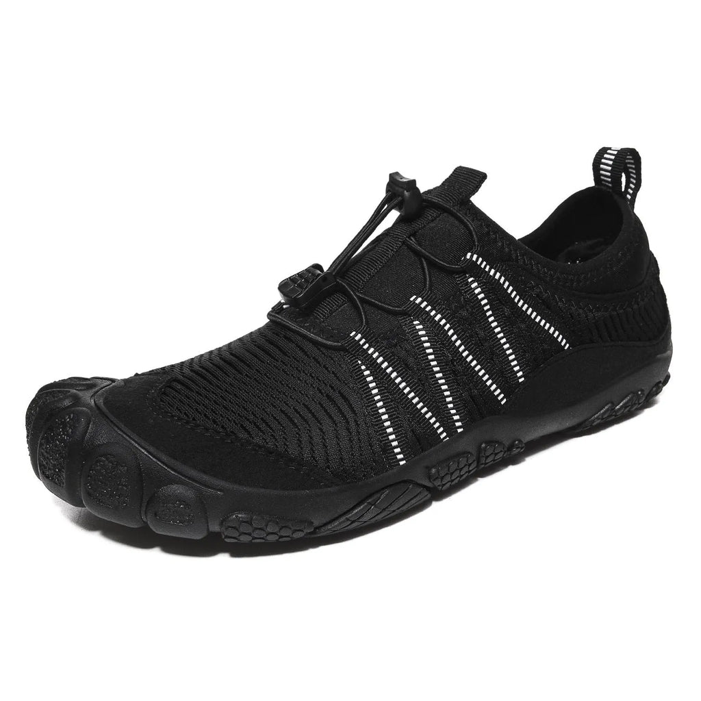 Low-top mesh water shoes with rubber sole in black, grey, blue, or purple for outdoor wading