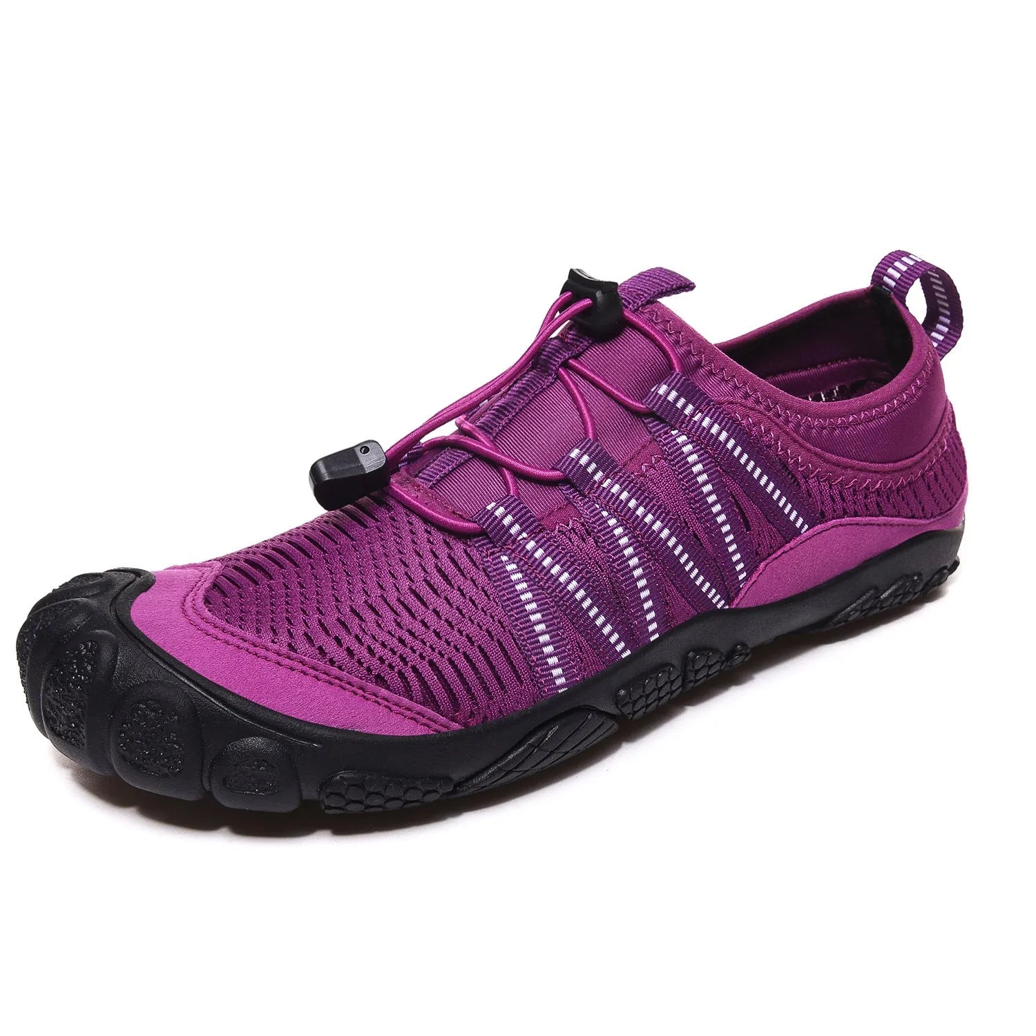 Low-top mesh water shoes with rubber sole in black, grey, blue, or purple for outdoor wading