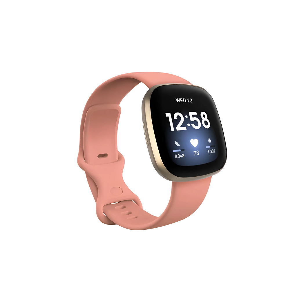 Fitbit Versa3 smart watch TPU silicone replacement strap in multiple colours showing size options.