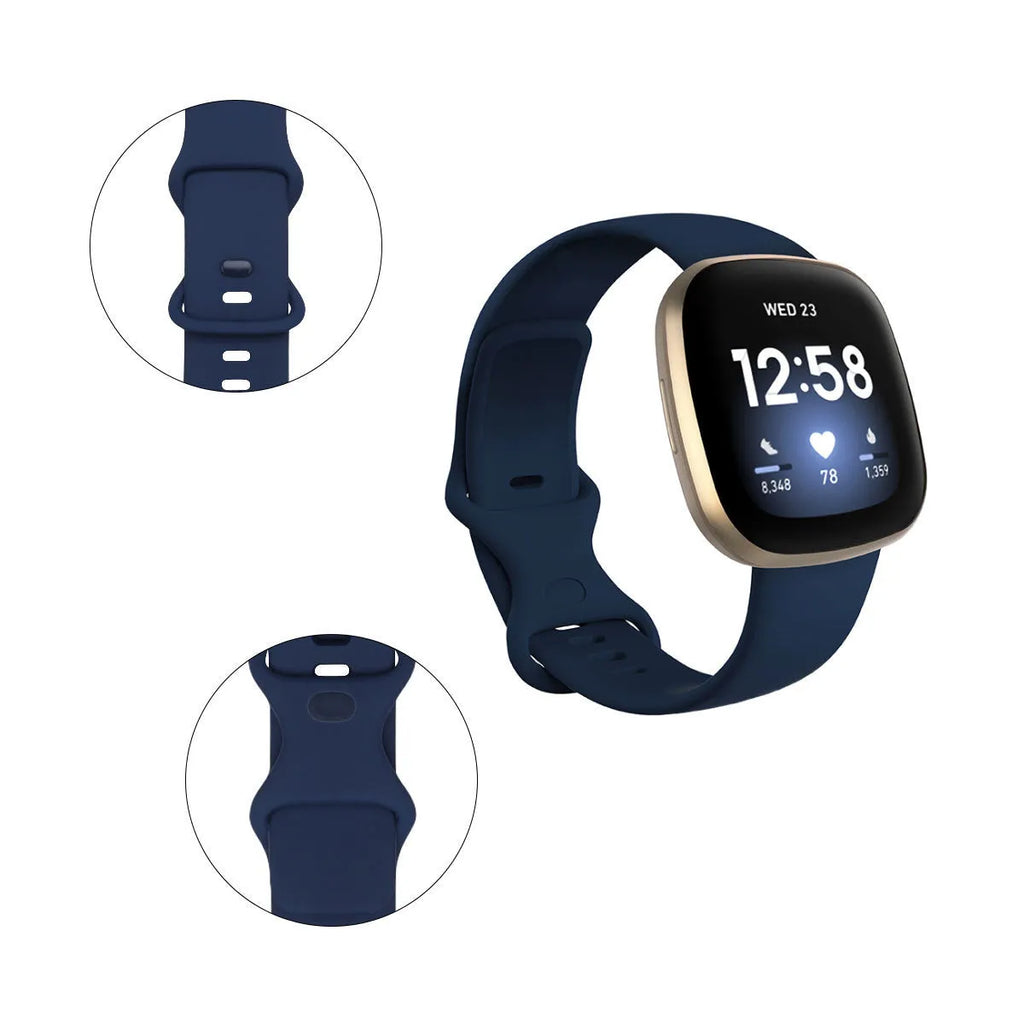 Fitbit Versa3 smart watch TPU silicone replacement strap in multiple colours showing size options.