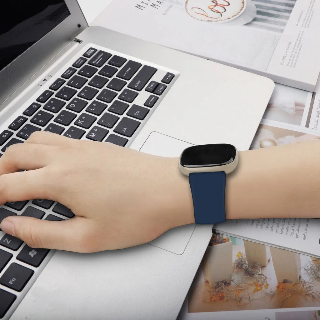 Fitbit Versa3 smart watch TPU silicone replacement strap in multiple colours showing size options.