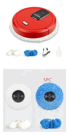 Automatic sweeping robot with wet and dry mopping cloths on a tile floor, showing slim 65mm body