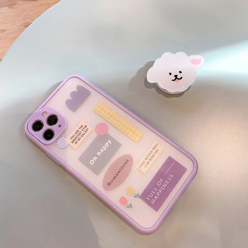 Frosted painted TPU iPhone case with a flip-out kickstand bracket in a cartoon animal design.