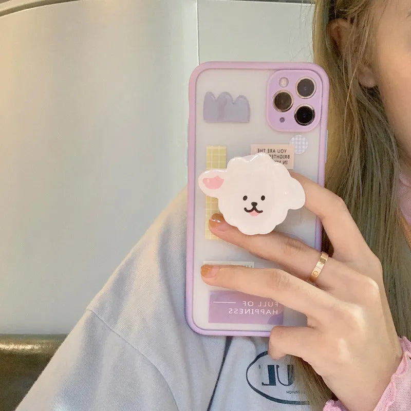 Frosted painted TPU iPhone case with a flip-out kickstand bracket in a cartoon animal design.