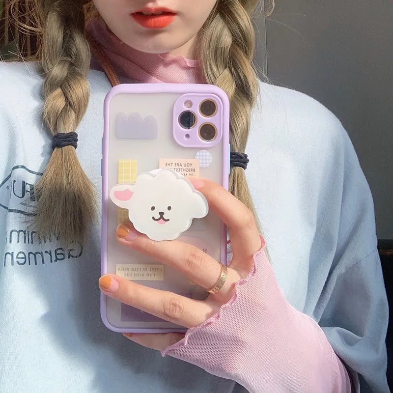 Frosted painted TPU iPhone case with a flip-out kickstand bracket in a cartoon animal design.