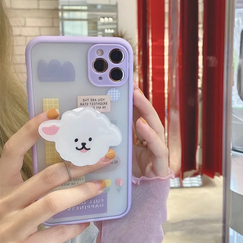 Frosted painted TPU iPhone case with a flip-out kickstand bracket in a cartoon animal design.