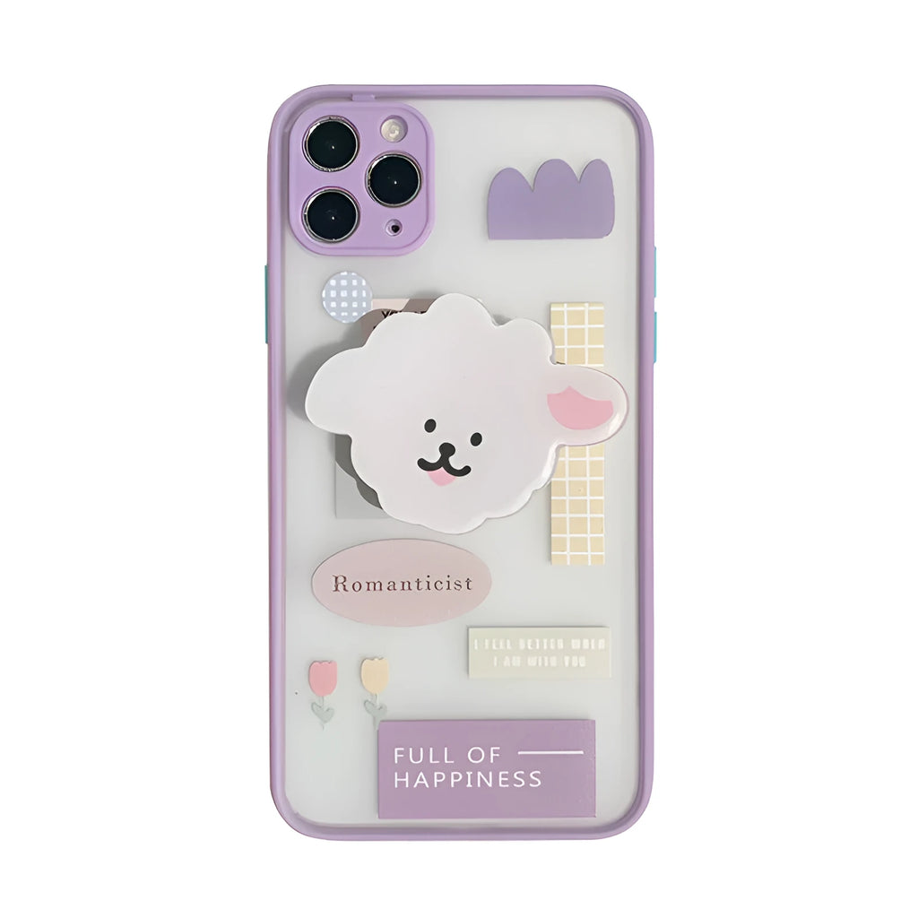Frosted painted TPU iPhone case with a flip-out kickstand bracket in a cartoon animal design.