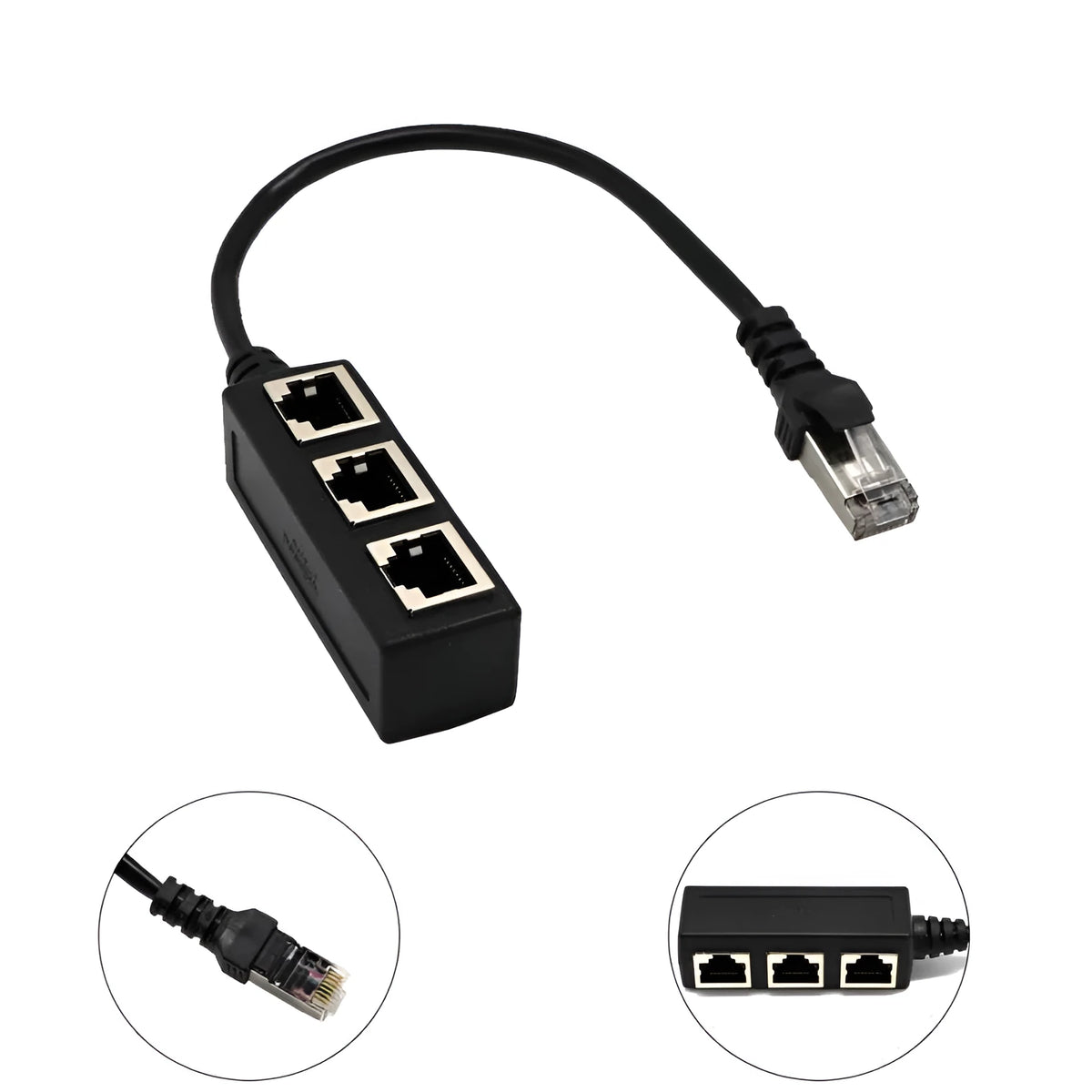 Black RJ45 1-to-3 Ethernet splitter with gold-plated connectors and 30cm cable