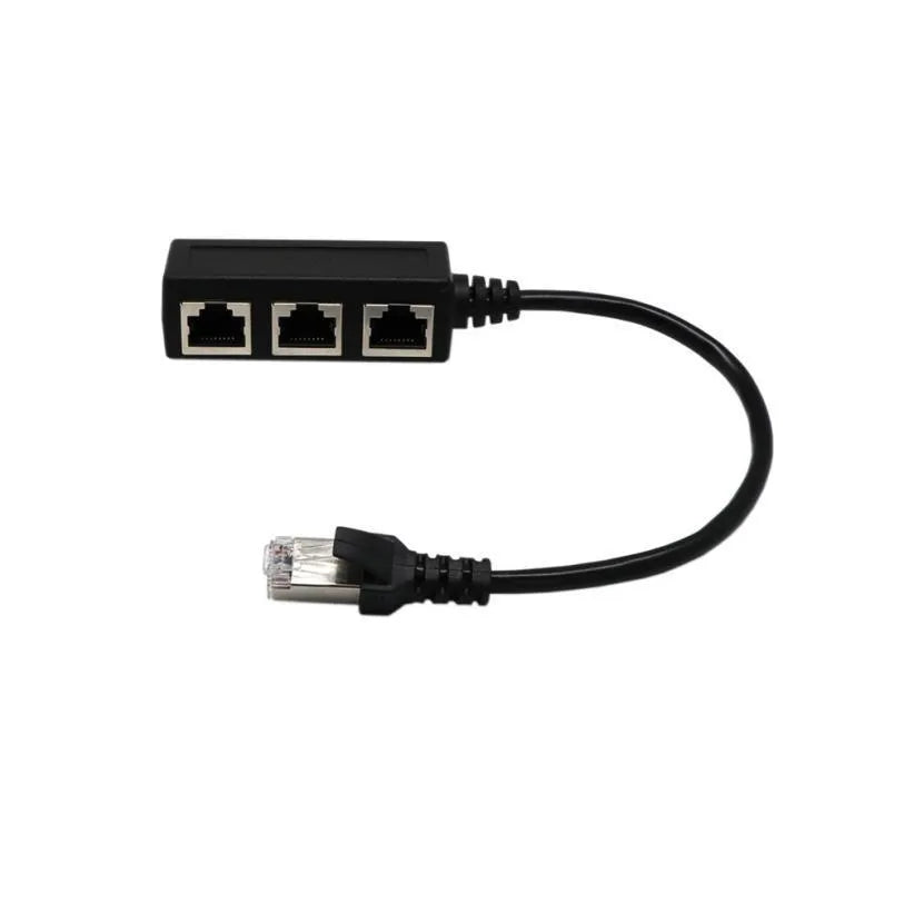Black RJ45 1-to-3 Ethernet splitter with gold-plated connectors and 30cm cable