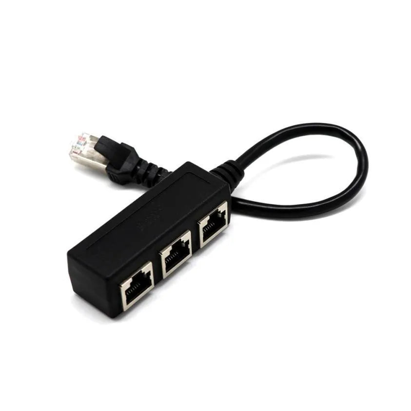 Black RJ45 1-to-3 Ethernet splitter with gold-plated connectors and 30cm cable