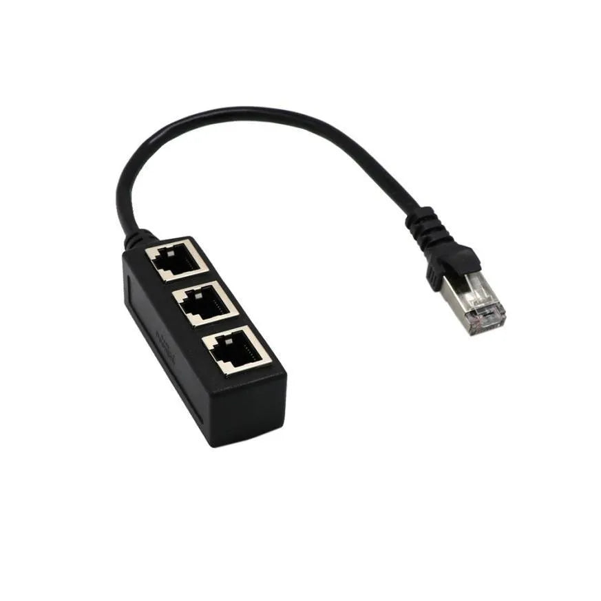 Black RJ45 1-to-3 Ethernet splitter with gold-plated connectors and 30cm cable