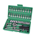 Green plastic case open to show a 46-piece car repair tool set with sockets, ratchet, and wrenches.
