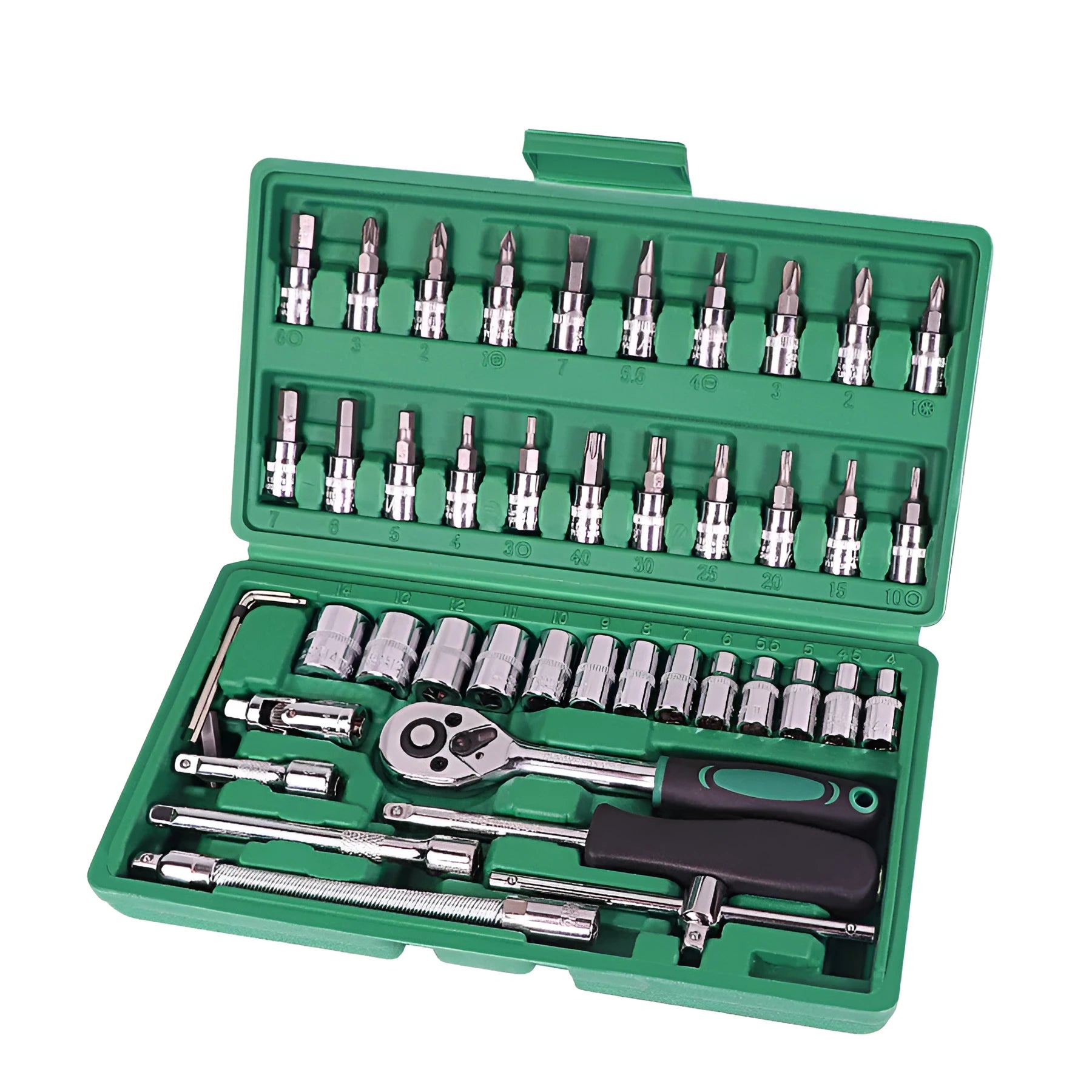Green plastic case open to show a 46-piece car repair tool set with sockets, ratchet, and wrenches.