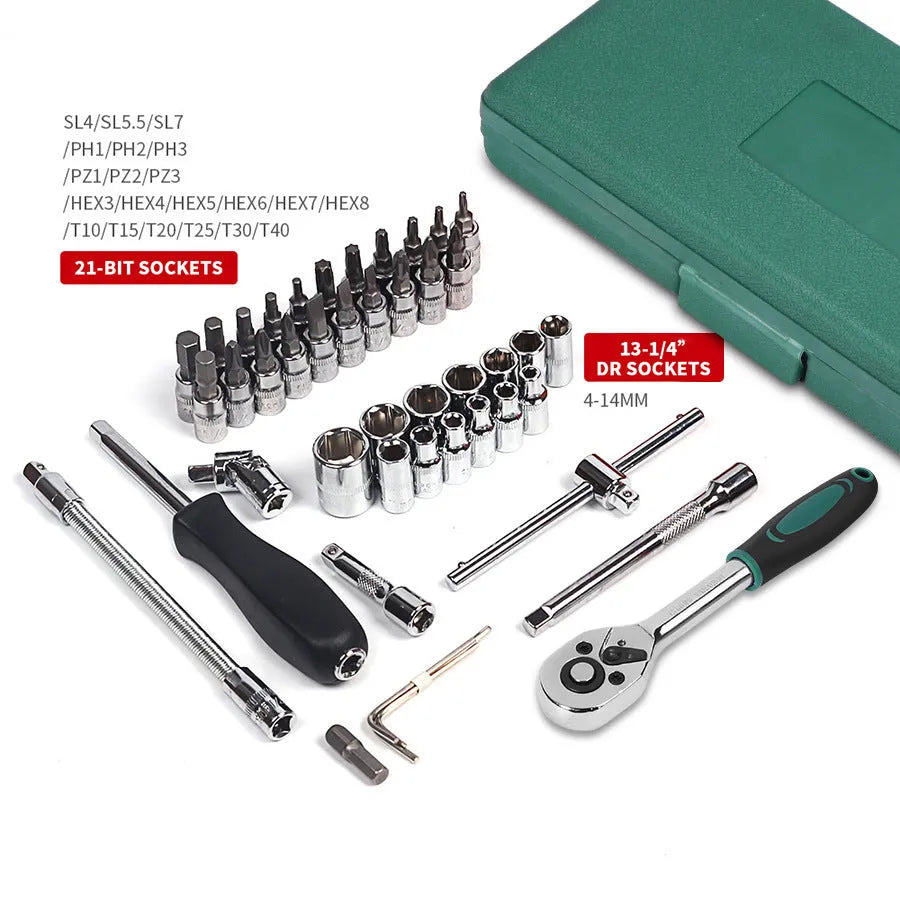 Green plastic case open to show a 46-piece car repair tool set with sockets, ratchet, and wrenches.