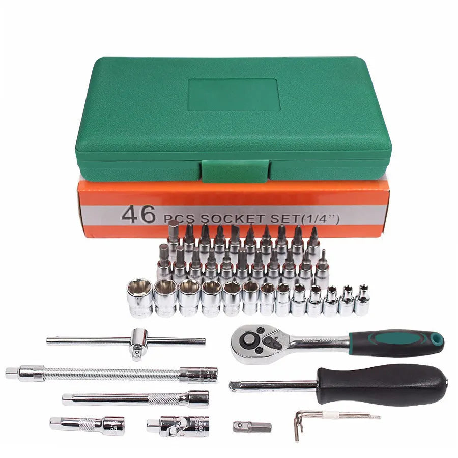 Green plastic case open to show a 46-piece car repair tool set with sockets, ratchet, and wrenches.