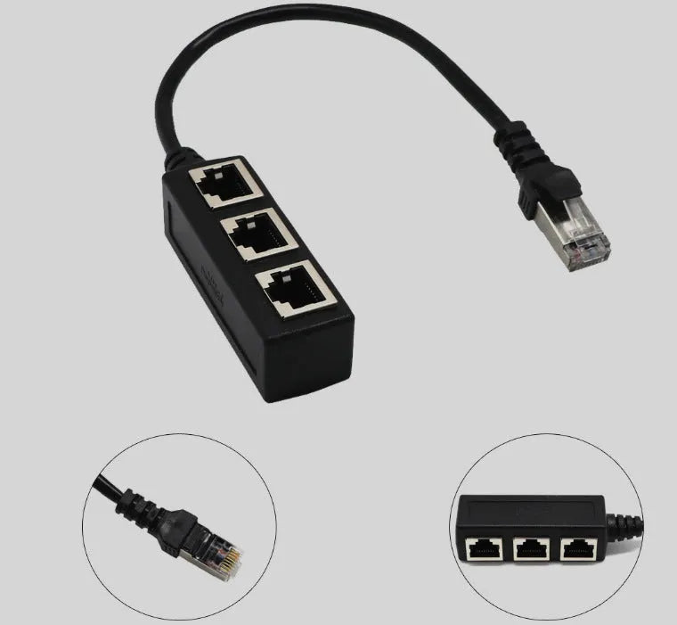 Black RJ45 1-to-3 Ethernet splitter with gold-plated connectors and 30cm cable