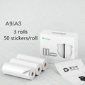 Mini Bluetooth wireless thermal printer in white, pink, and blue, compact 79x42x79mm size