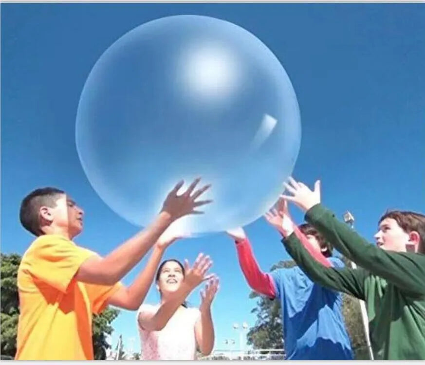 TPR inflatable ball toy in pink, yellow, green, and blue colours showing 40cm to 120cm size range
