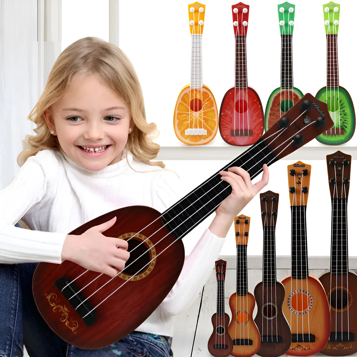 Simulation ukulele retro guitar toy in safety plastic, 38cm long, with colour box packaging