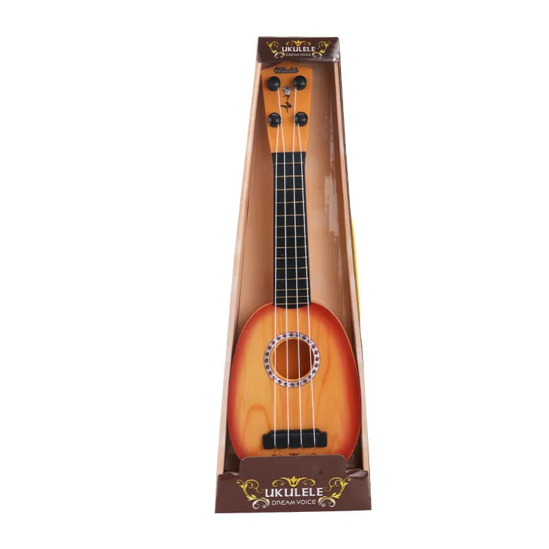 Simulation ukulele retro guitar toy in safety plastic, 38cm long, with colour box packaging