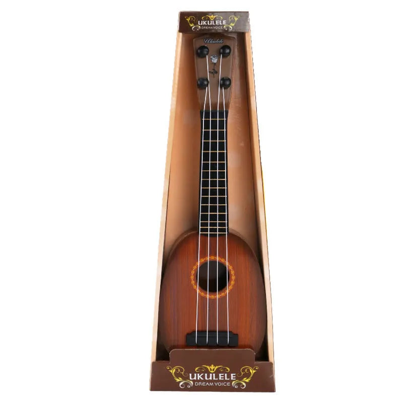 Simulation ukulele retro guitar toy in safety plastic, 38cm long, with colour box packaging