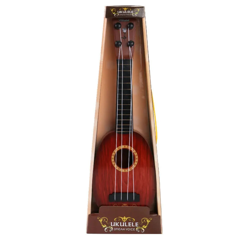 Simulation ukulele retro guitar toy in safety plastic, 38cm long, with colour box packaging