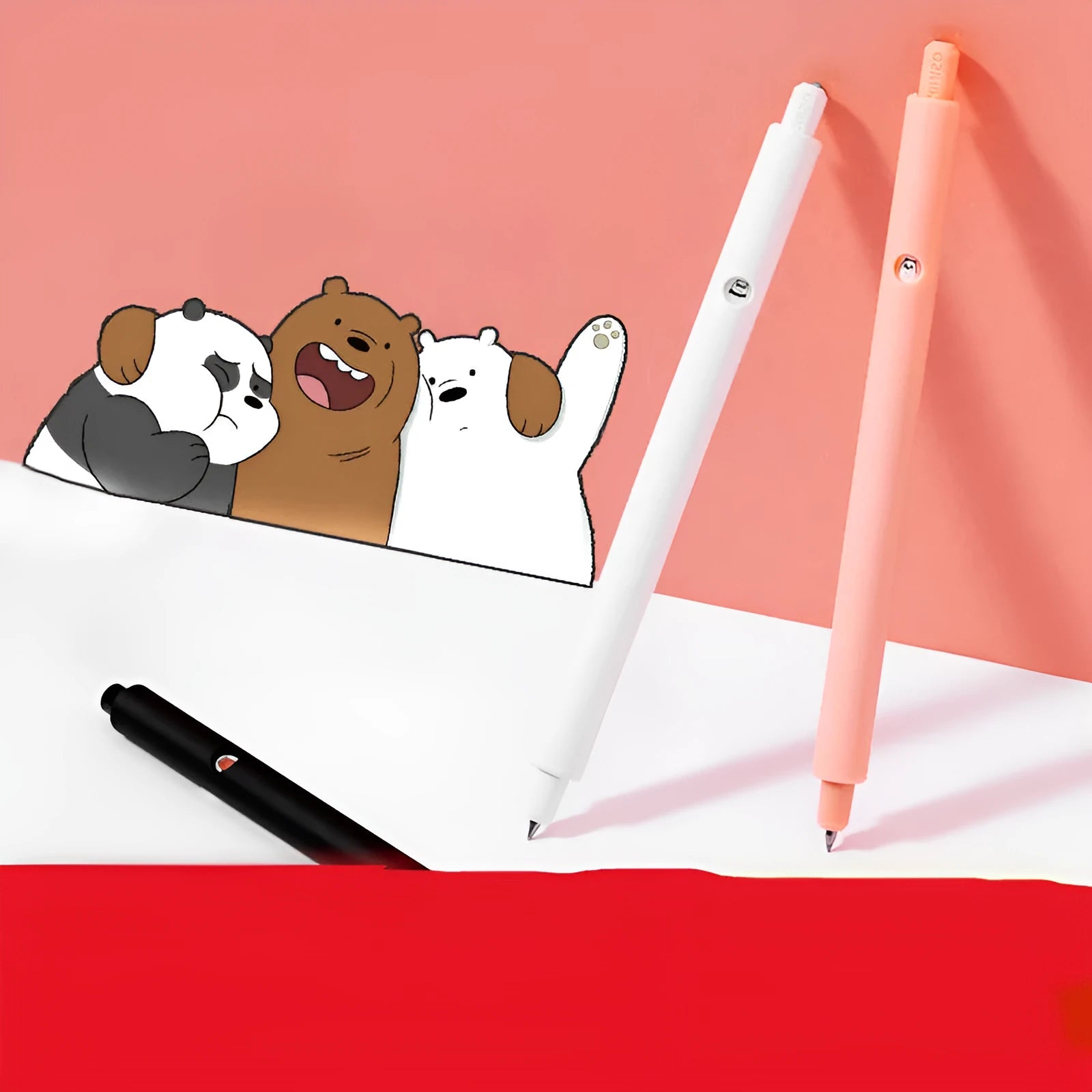 MINISO Bare Bear cartoon press gel pen in black, pink, or white with 0.5mm black refill.