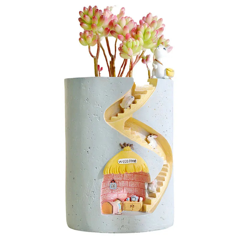Cartoon resin succulent flower pot with hedgehog or rabbit style for desktop home gardening
