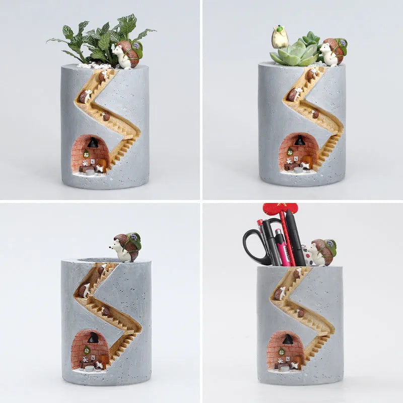 Cartoon resin succulent flower pot with hedgehog or rabbit style for desktop home gardening