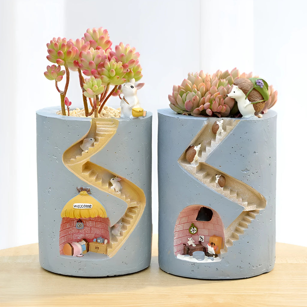 Cartoon resin succulent flower pot with hedgehog or rabbit style for desktop home gardening