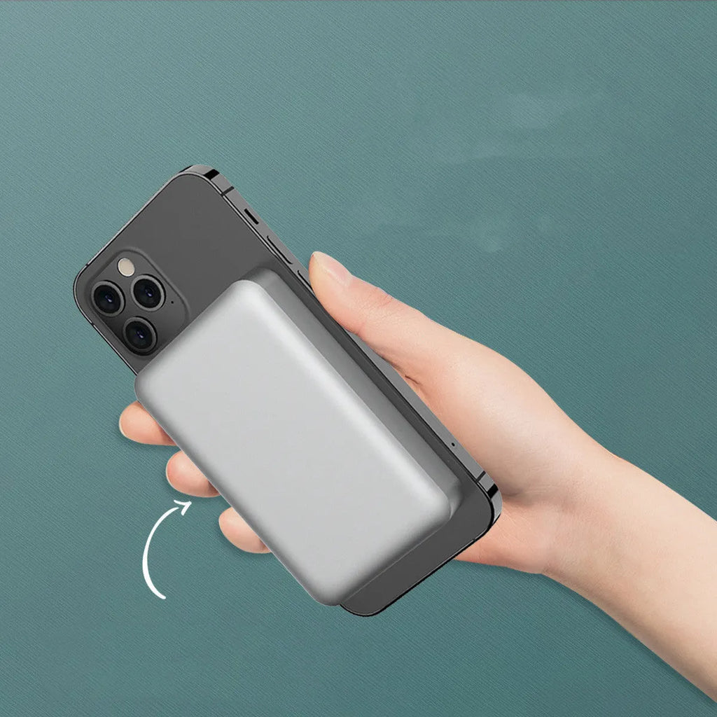 Silver aluminium Apple magnetic wireless power bank with 5000mAh capacity and USB-C port