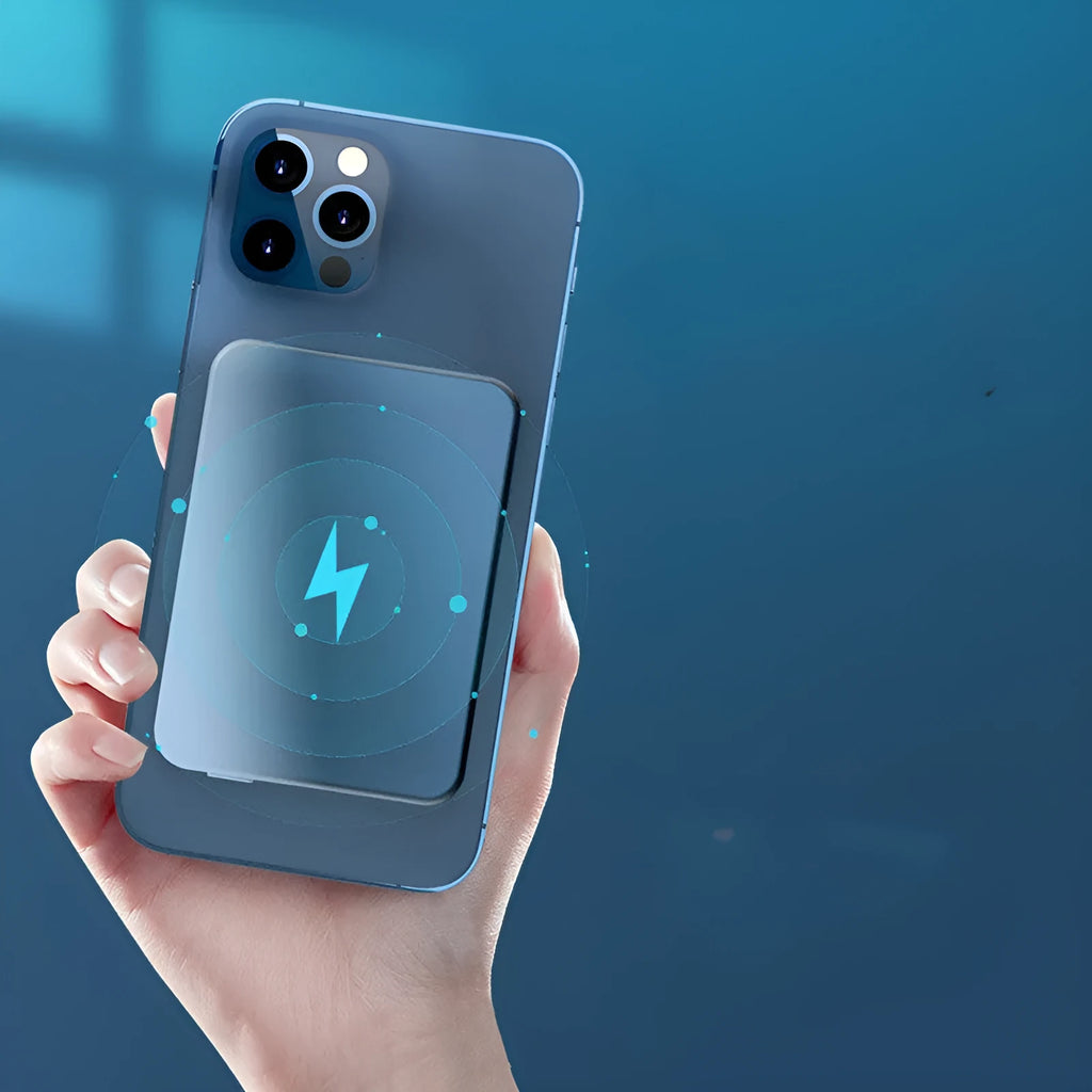 Silver aluminium Apple magnetic wireless power bank with 5000mAh capacity and USB-C port