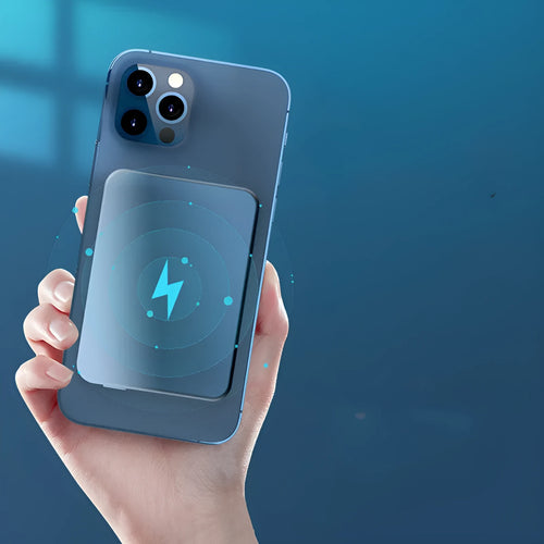 Silver aluminium Apple magnetic wireless power bank with 5000mAh capacity and USB-C port