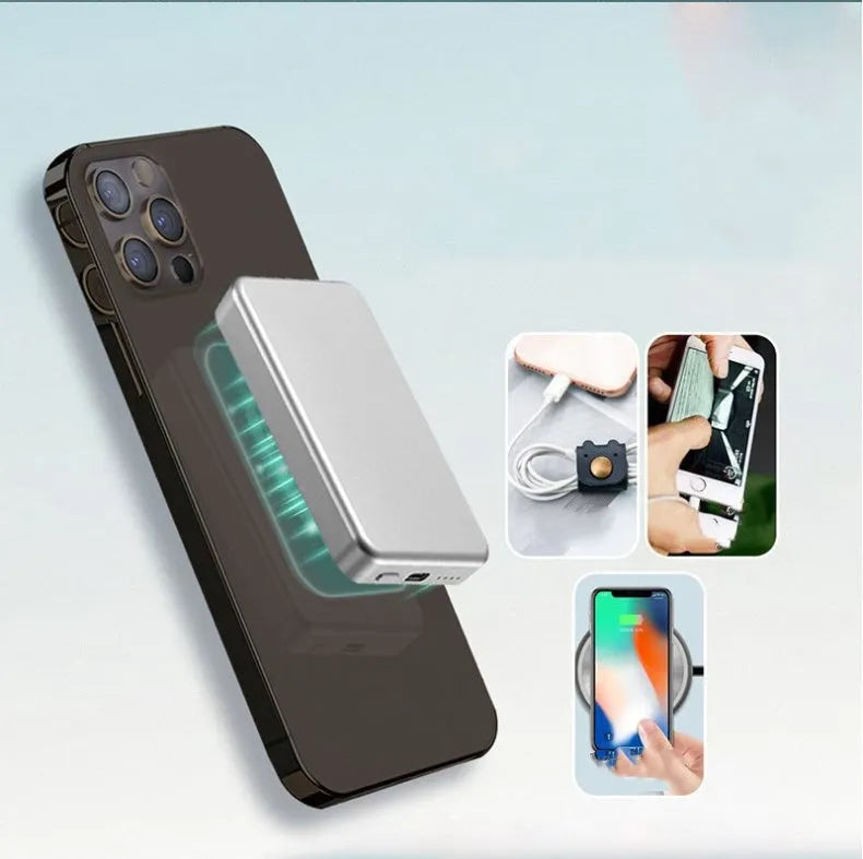 Silver aluminium Apple magnetic wireless power bank with 5000mAh capacity and USB-C port