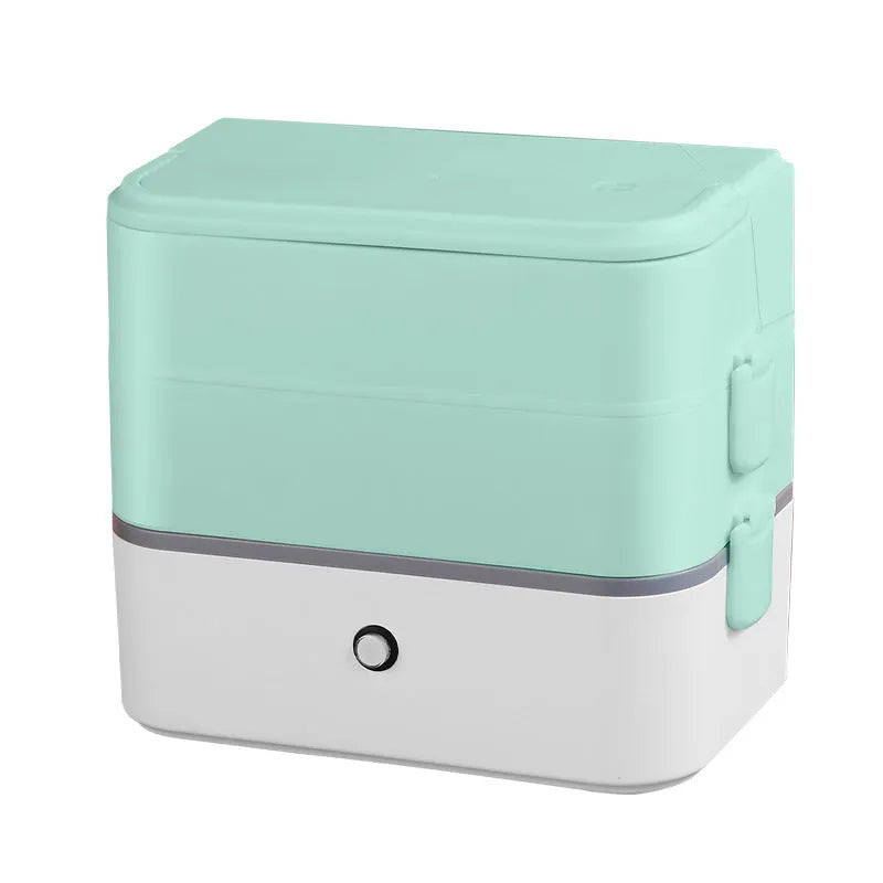 Double-layer portable electric heated lunch box with stainless steel liner and push-button controls