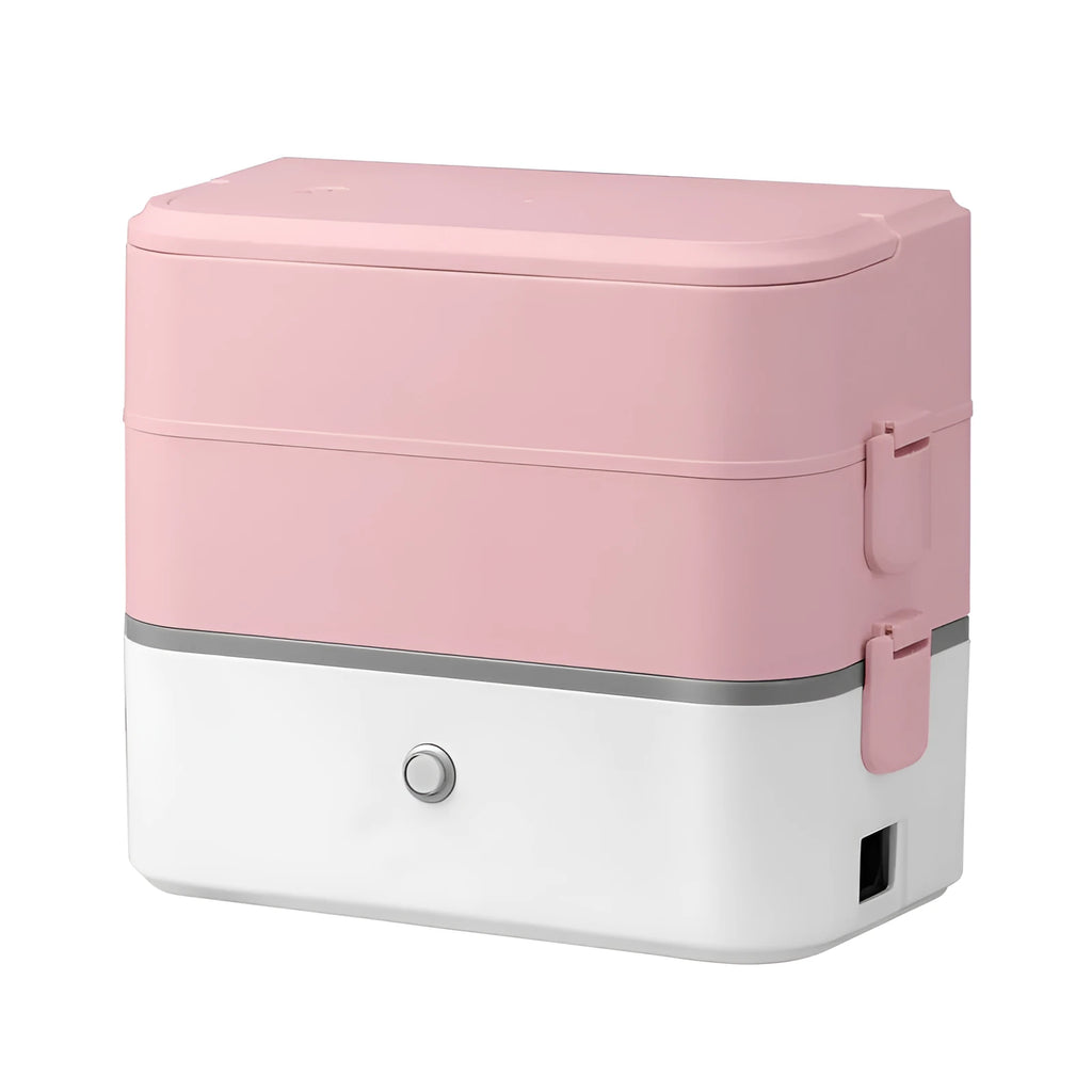 Double-layer pluggable portable heated lunch box with stainless steel liner, push-button control, available in green