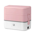 Double-layer pluggable portable heated lunch box with stainless steel liner, push-button control, available in green