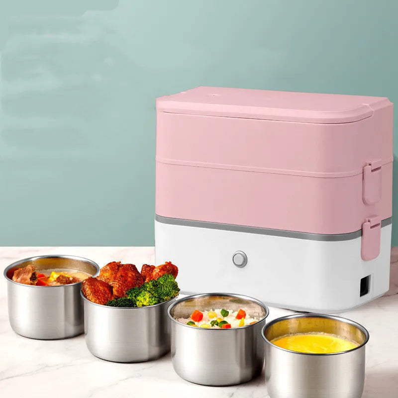 Double-layer portable electric heated lunch box with stainless steel liner and push-button controls