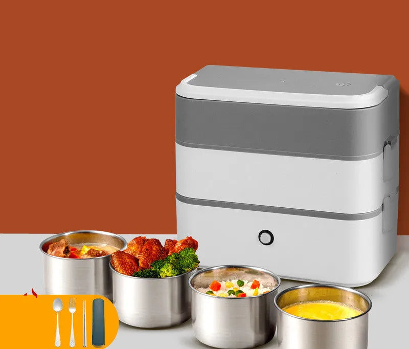 Double-layer portable electric heated lunch box with stainless steel liner and push-button controls