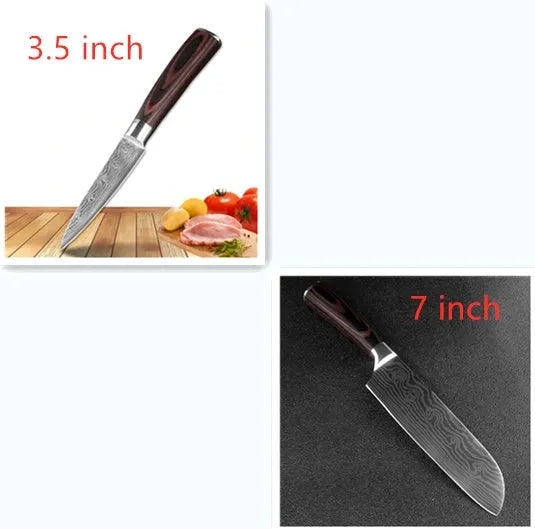 7Cr17 stainless steel kitchen knife with laser Damascus pattern blade and coloured wood handle
