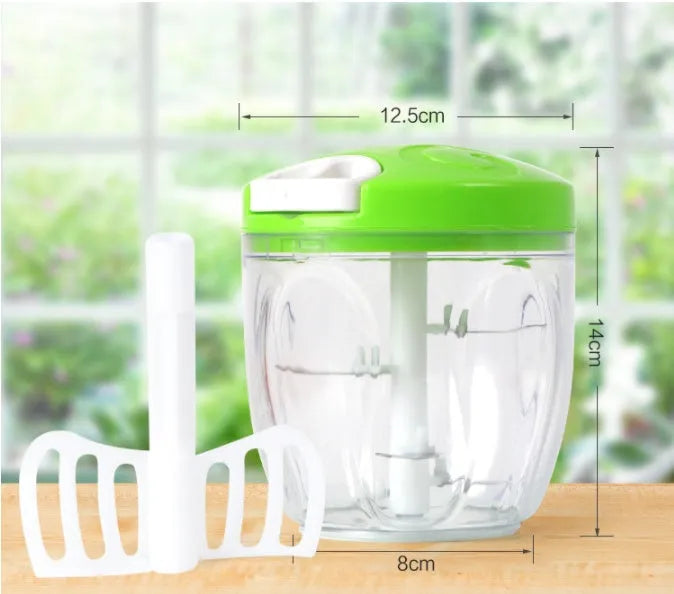 Manual kitchen chopper shredder with three stainless steel blades in green, red or white colours