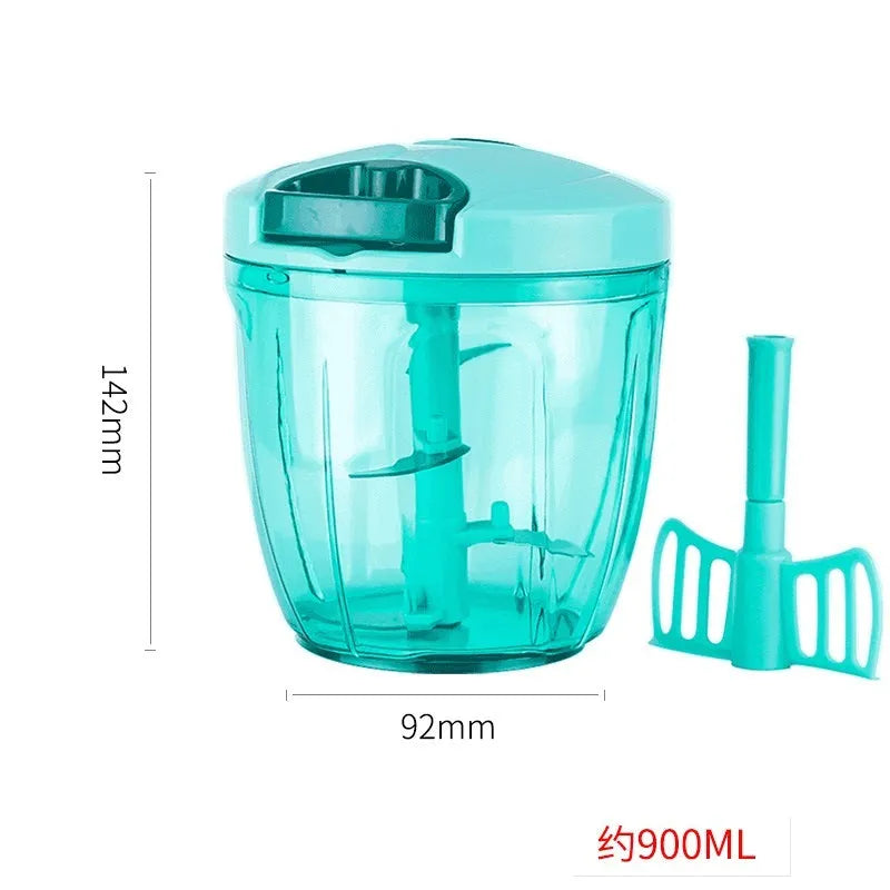 Manual kitchen chopper shredder with three stainless steel blades in green, red or white colours