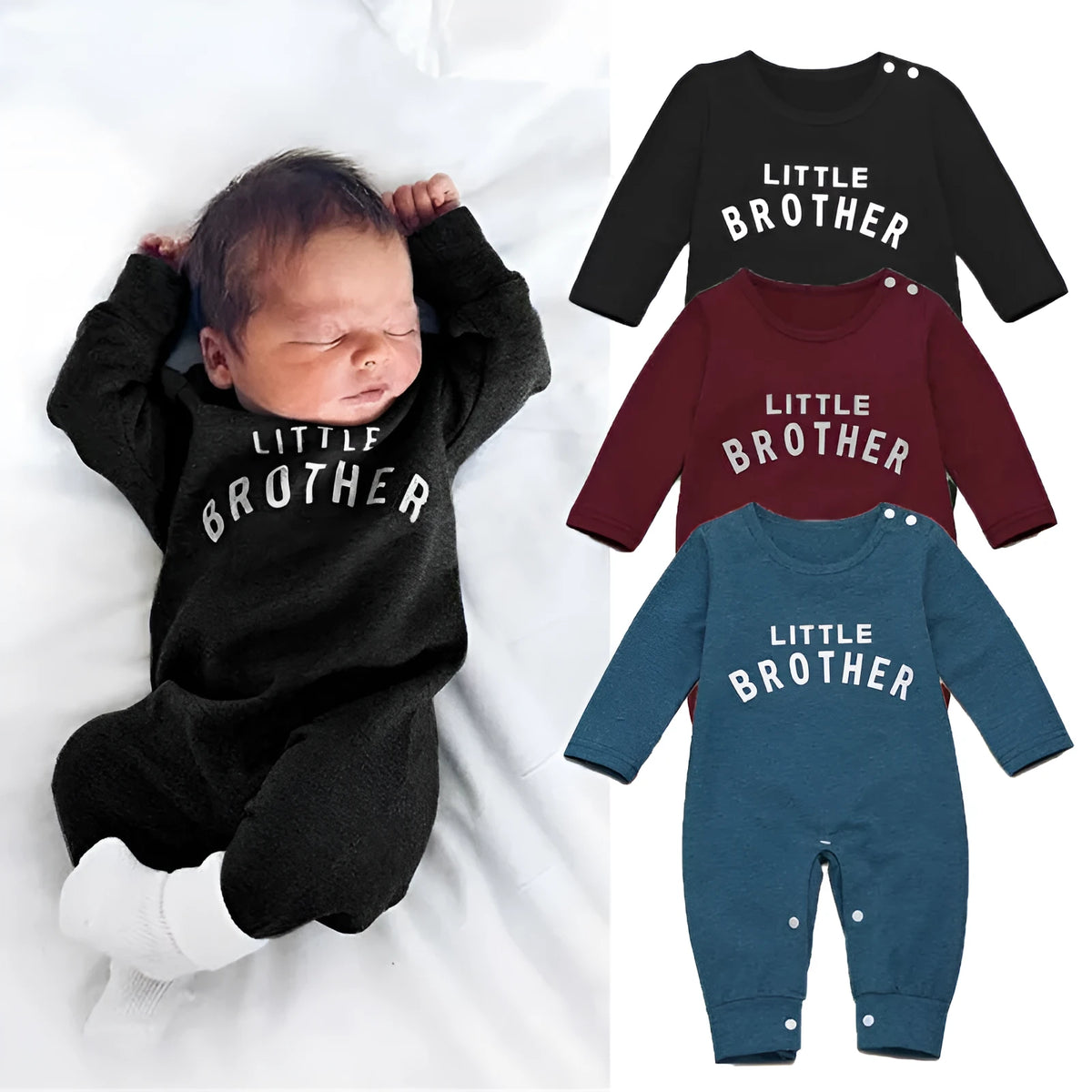 Male Alphabet long sleeved romper for newborn baby in cotton, black colour, sizes 70-100