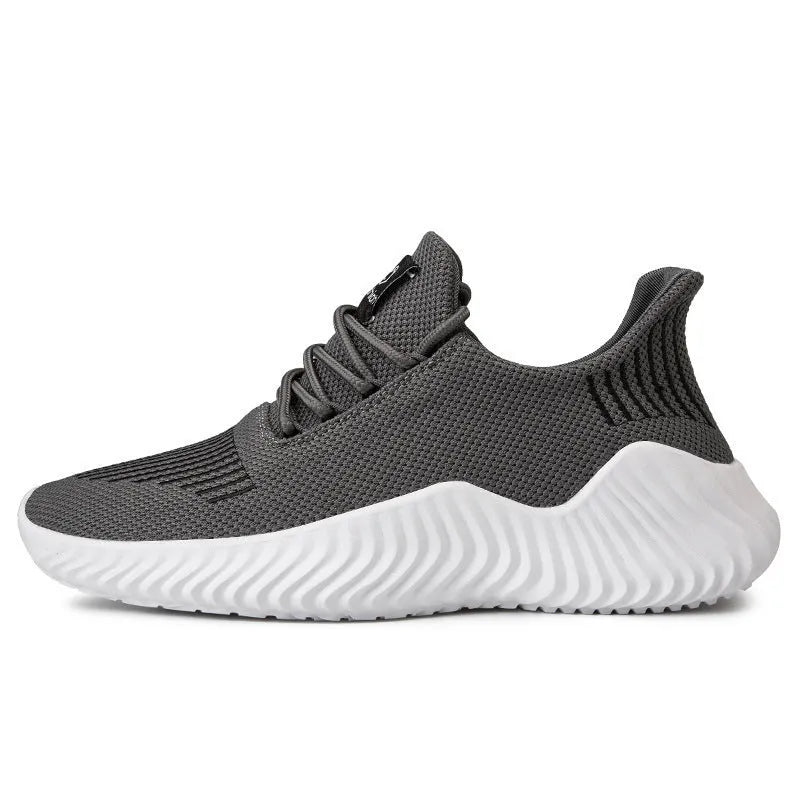 Men's white breathable mesh lace-up casual shoes with flying weave upper and MD sole
