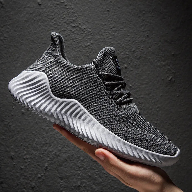 Men's white breathable mesh lace-up casual shoes with flying weave upper and MD sole