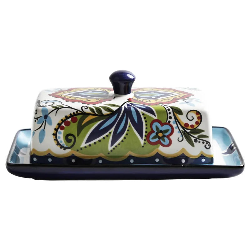 Square ceramic butter box with floral pattern and fitted lid for kitchen storage