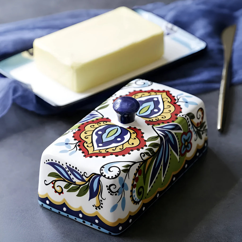 Square ceramic butter box with floral pattern and fitted lid for kitchen storage