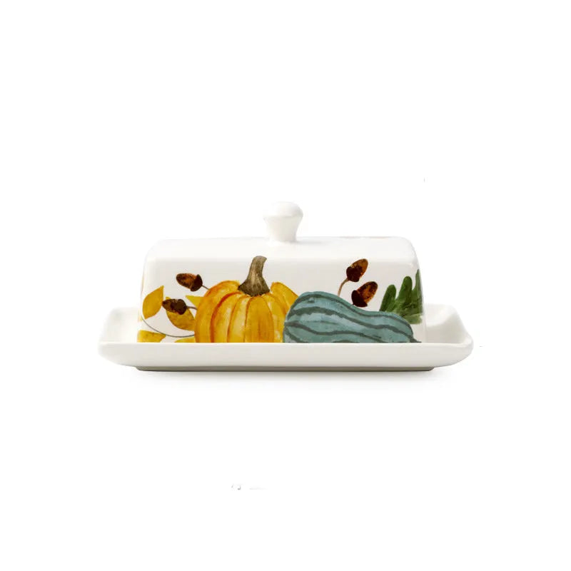 Square ceramic butter box with floral pattern and fitted lid for kitchen storage