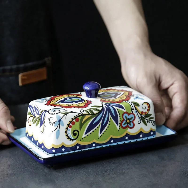Square ceramic butter box with floral pattern and fitted lid for kitchen storage