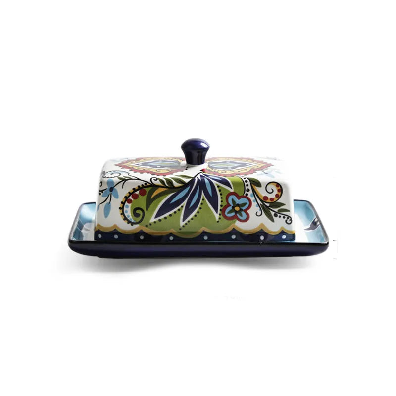 Square ceramic butter box with floral pattern and fitted lid for kitchen storage